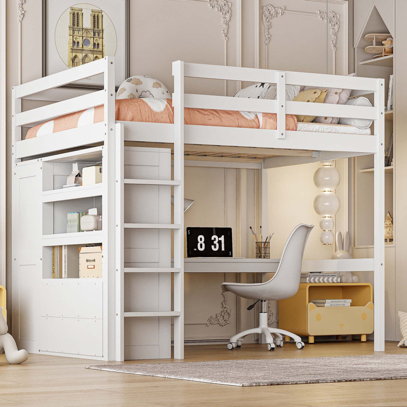 Latitude Run® Wood Full Size Loft Bed With Built-In Wardrobe, Desk